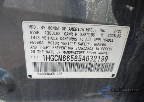 2005 Honda Accord 3.0 Ex from USA, damaged, VIN 1HGCM66565A032199